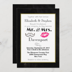 Moustache and Lips Wedding Invite on Black