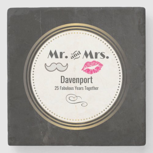 Moustache  Lips Mr  Mrs _ Anniversary Stone Coaster