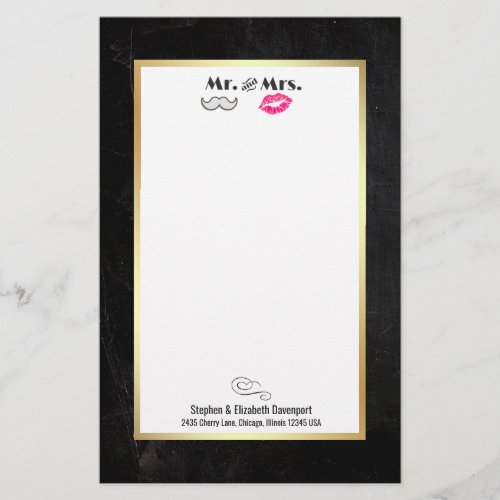 Moustache  Lips Mr  Mrs Black and Gold Stationery