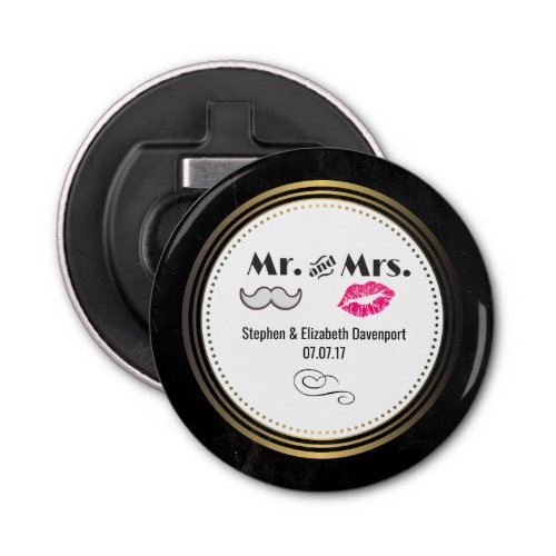 Moustache  Lips Mr  Mrs Black  Gold Wedding Bottle Opener