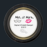 Moustache & Lips Mr. & Mrs. Black & Gold Wedding Magnet<br><div class="desc">A wedding magnet with a modern style wedding design - glamorous pink kissy lips and a masculine retro-looking moustache illustration. Set on a black chalkboard background with a gold gradient circular frame in the center. Text says Mr. and Mrs. and you can personalize with your names and wedding date.</div>
