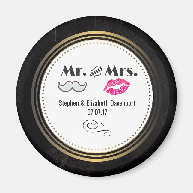 Moustache & Lips Mr. & Mrs. Black & Gold Wedding Magnet (Front)