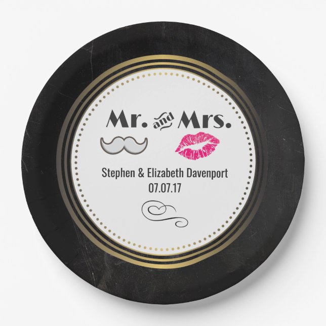 Moustache & Lips Mr. & Mrs. Black & Gold Wedding Paper Plates (Front)