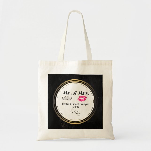 Moustache & Lips Mr. & Mrs. Black & Gold Wedding Tote Bag (Front)