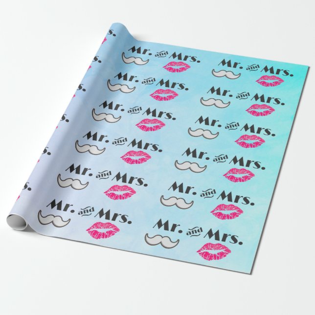 Moustache & Lips Mr. & Mrs. Pattern Wrapping Paper (Unrolled)