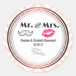 Moustache & Lips Mr. & Mrs. Peach Chevron Wedding Classic Round Sticker