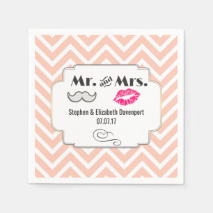 Moustache & Lips Mr. & Mrs. Peach Chevron Wedding Napkins