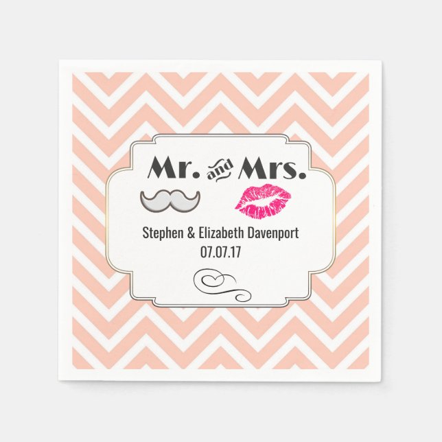 Moustache & Lips Mr. & Mrs. Peach Chevron Wedding Napkins (Front)