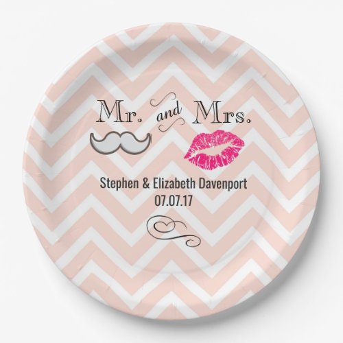 Moustache  Lips Mr  Mrs Peach Chevron Wedding Paper Plates