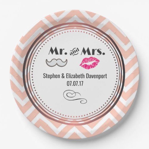 Moustache  Lips Mr  Mrs Peach Chevron Wedding Paper Plates