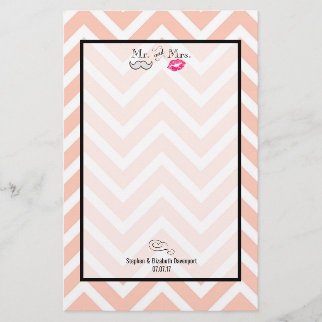 Moustache & Lips Mr. & Mrs. Peach Chevron Wedding Stationery (Front)