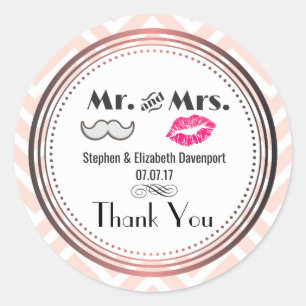 Moustache & Lips Mr. & Mrs. Wedding Thank You Classic Round Sticker