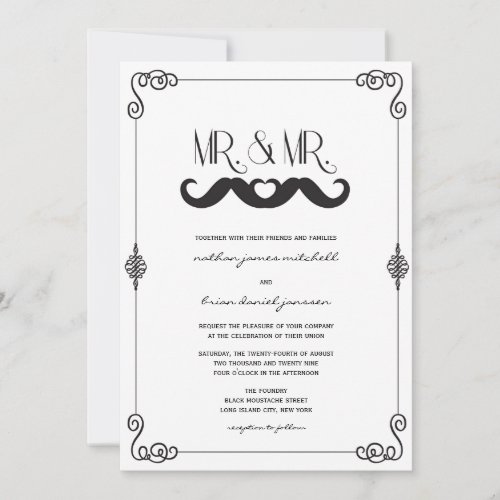 Moustache Love Classic Vintage Scrolls Gay Wedding Invitation
