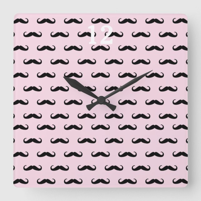 Moustache & Pink | Hourly square Wall Clock (Front)