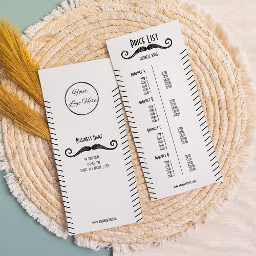 Moustache style fun black and white price list rack card