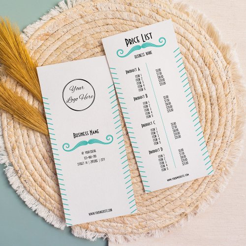 Moustache turquoise fun and playful price list rack card