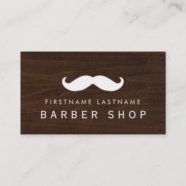 Moustache Woodgrain Barber Shop Business Card (Front)