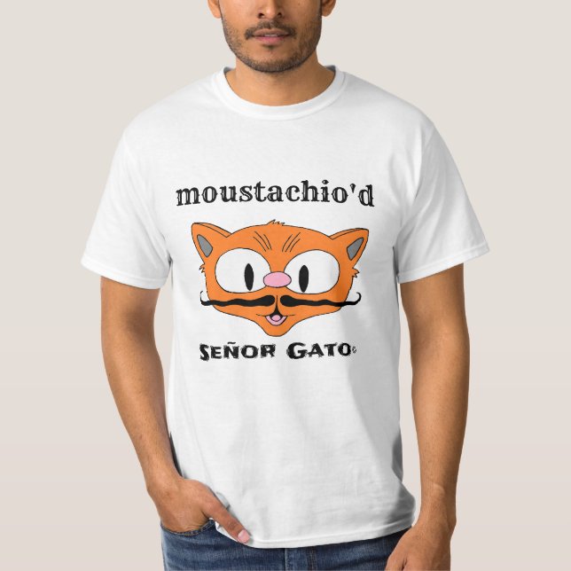 moustachio'd  Humorous Cartoon Mustache Cat T-Shirt (Front)