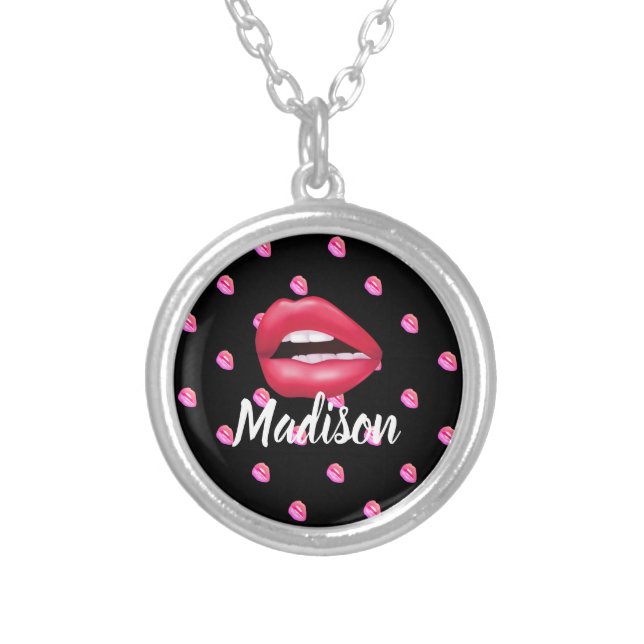 Mouth Lipstick Makeup Beauty Custom Personalized Silver Plated Necklace (Front)