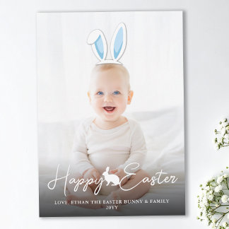 Movable Blue Bunny Ears Photo Overlay Happy Easter Card