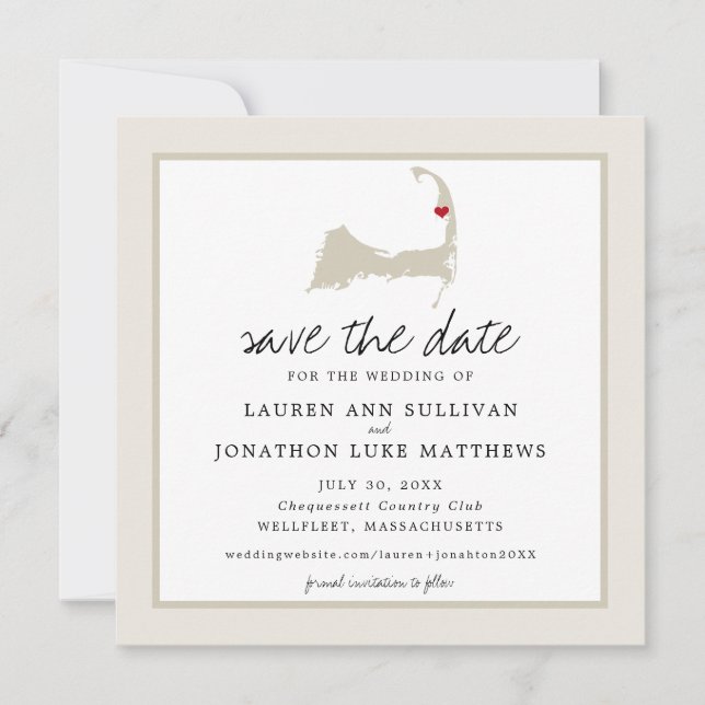 Movable Red Heart Wellfleet Cape Cod Map Wedding Save The Date (Front)