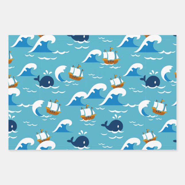  Move with the Sea Waves Pattern Wrapping Paper Sheets (Front 3)