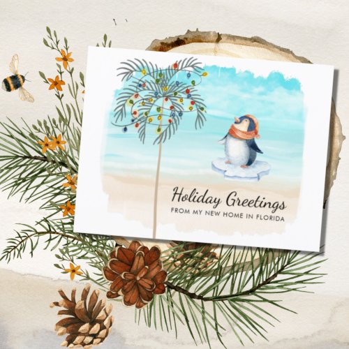 Moved to Florida Cute Penguin Beach Scene Holiday  Announcement
