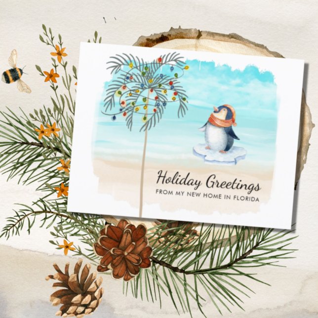 Moved to Florida Cute Penguin Beach Scene Holiday  Announcement (Creator Uploaded)