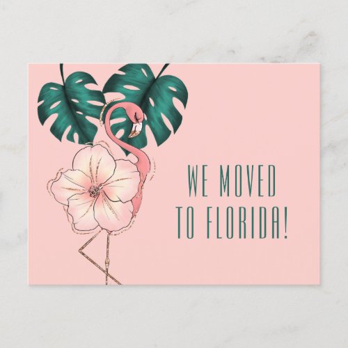 Moved to Florida Flamingo Monstera Leaf Pink Announcement Postcard