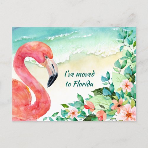 Moved to Florida Pink Flamingo Beach Scene Announcement Postcard