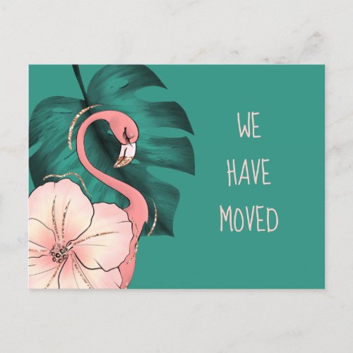 Moved to Florida Pink Flamingo Monstera Leaf Announcement Postcard