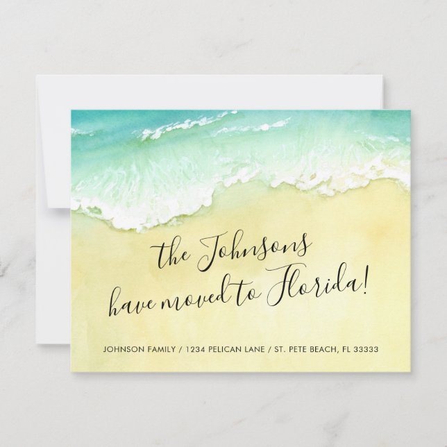 Moved to Florida Sandy Beach Ocean Waves Announcement (Front)