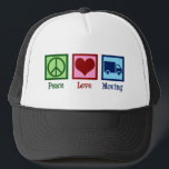 Mover Peace Love Moving Company Truck Trucker Hat<br><div class="desc">Peace Love Moving Company. A cool mover business design with a peace sign, heart, and moving truck. Load up some boxes and order this cute movers present.</div>