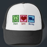 Mover Peace Love Moving Company Truck Trucker Hat<br><div class="desc">Peace Love Moving Company. A cool mover business design with a peace sign,  heart,  and moving truck. Load up some boxes and order this cute movers present.</div>