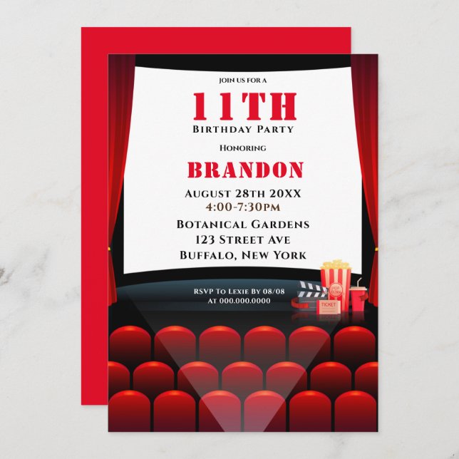 Movie 11th Birthday Party Invitations  (Front/Back)