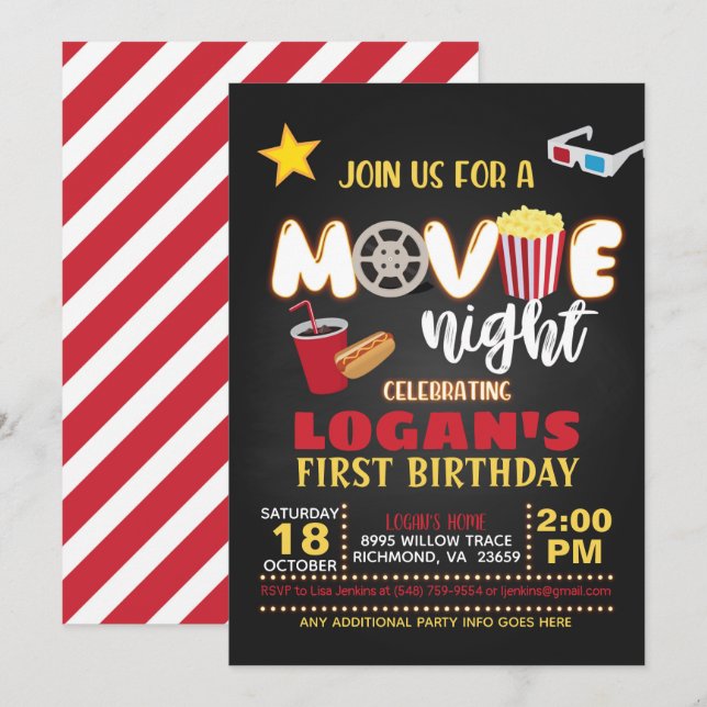 Movie Birthday Invitation - Red (Front/Back)