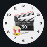 Movie Birthday Party 30th Birthday Large Clock<br><div class="desc">30th Movie Birthday party t-shirts,  party favors,  cards,  buttons for your Movie themed birthday party. 30th birthday presents and decorations with film movie clapboard,  popcorn,  lights,  camera,  action,  30. 30 year old gifts for people turning 30.</div>