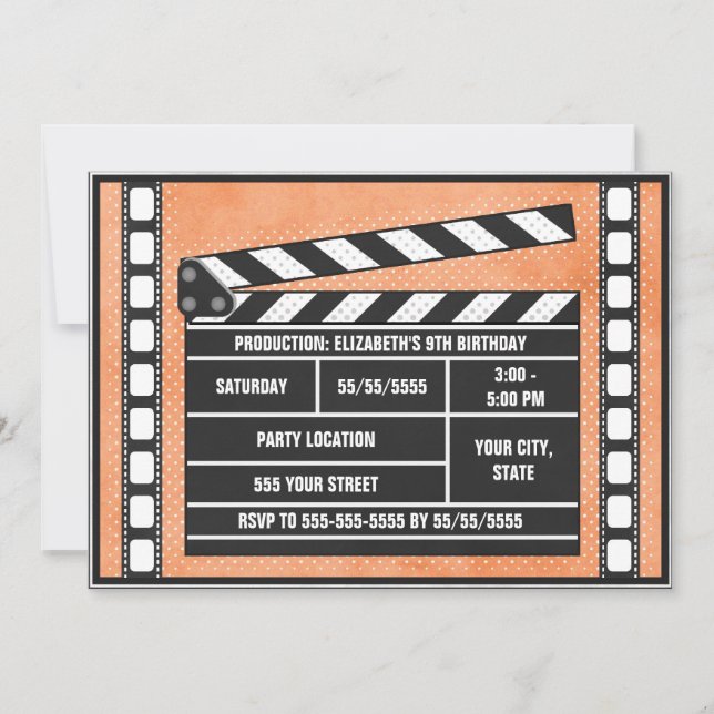 Movie Birthday Party Clapboard Orange Invitation (Front)