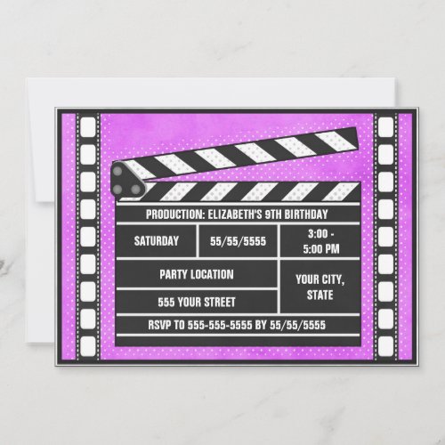 Movie Birthday Party Clapboard Purple Invitation