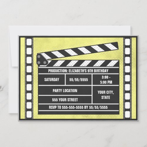 Movie Birthday Party Clapboard Yellow Invitation