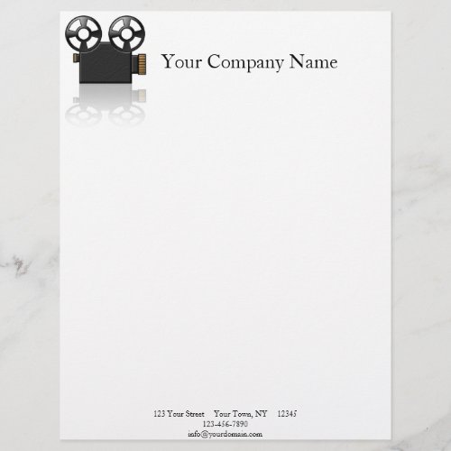Movie Camera in Black and Gold on White Letterhead