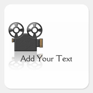 Movie Camera in Black and Gold on White Square Sticker