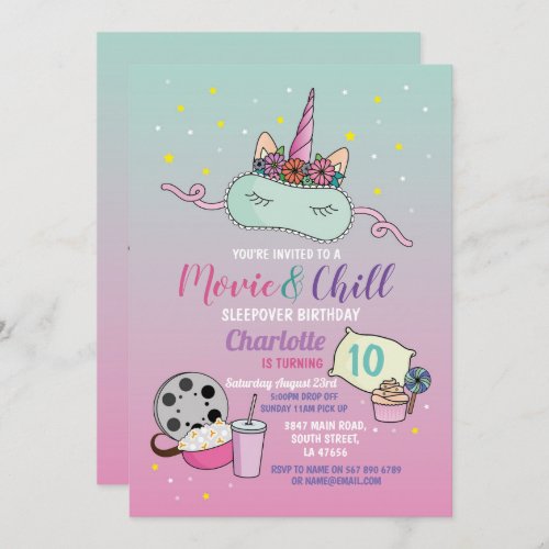 Movie  Chill Birthday Unicorn Sleepover Slumber Invitation