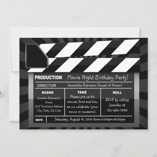 Movie Clap Board Custom Party Invitations