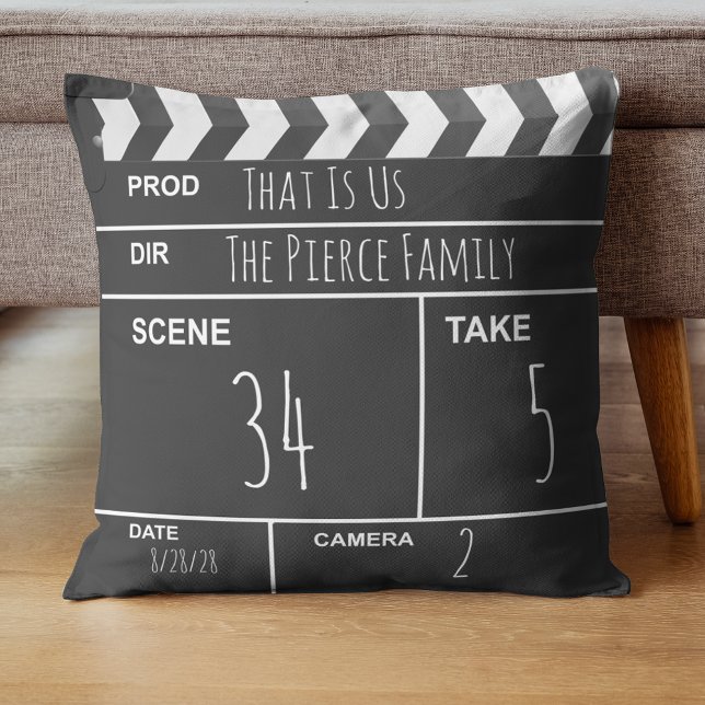 Movie Clapboard Custom Family Home Theater Throw Pillow (A fun personalized gift for anyone that loves movies!)