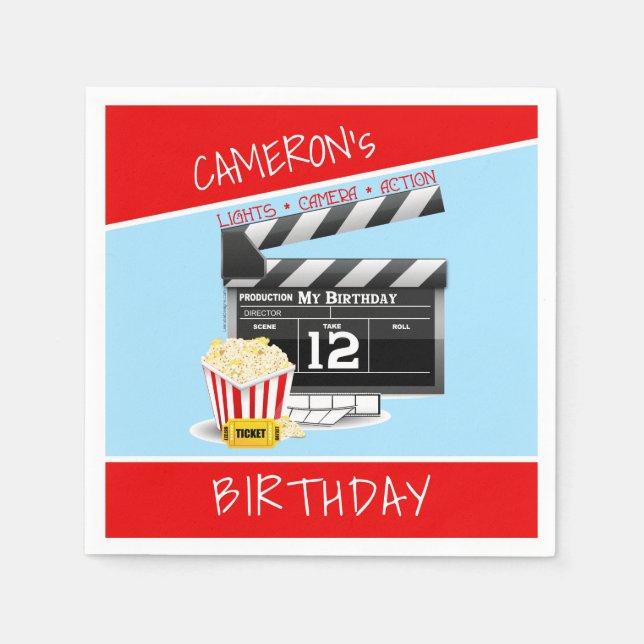 Movie Clapboard Popcorn 12th Birthday Party Napkins (Front)