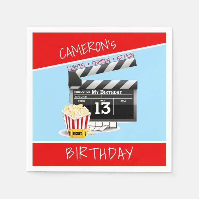 Movie Clapboard Popcorn 13th Birthday Party Napkins (Front)