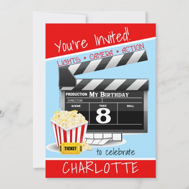 Movie Clapboard Popcorn 8th Birthday Party Invitation (Front)