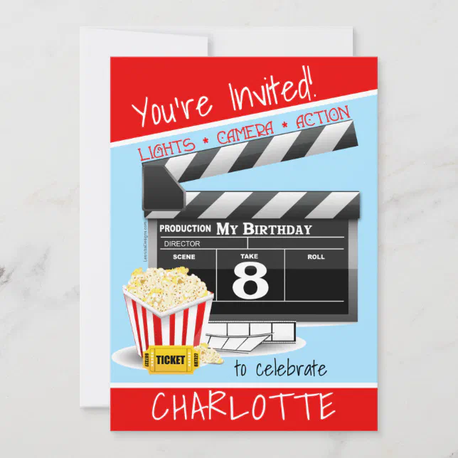 Movie Clapboard Popcorn 8th Birthday Party Invitation | Zazzle