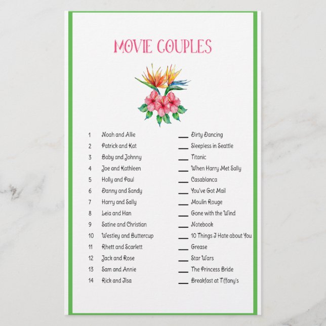 Movie Couple Matching Game Tropical Theme Stationery (Front)